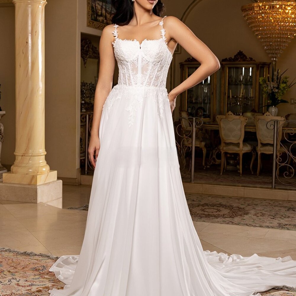 Off white lace applique wedding dress, bridal gown